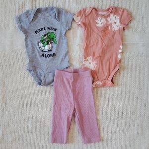 Baby Girl Newborn Short Sleeve Onsies And Pant Set. Turtle & Floral Onsies